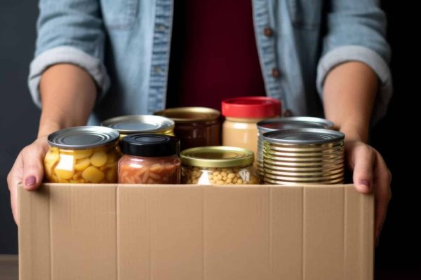 Donation of volunteer assistance boxes with clothing products to the poor Generative AI